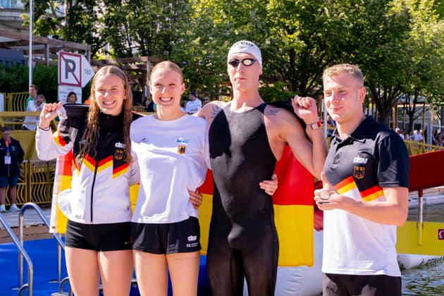 Schwimmen, EM in Paris, Freiwasser, 4x1500m Mixed Staffel, Deutschland holt Gold