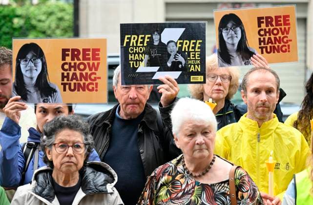 Belgien, Amnesty International und Gewerkschaften protestieren vor Hongkong-Büro zum 37. Tiananmen-Jahrestag in Brüssel