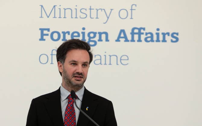 Ukraine, Heorhii Tykhyi Pressekonferenz zu den ukrainisch-polnischen Beziehungen in Kyjiw