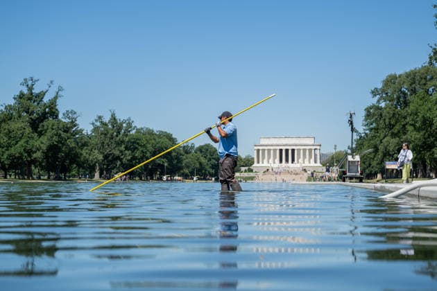 Washington, Lincoln Memorial Reflecting Pool nach Umgestaltung von Algen befallen