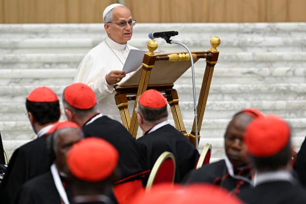 Vatikan, Papst Leo XIV. während einer Sitzung des Außerordentlichen Konsistoriums