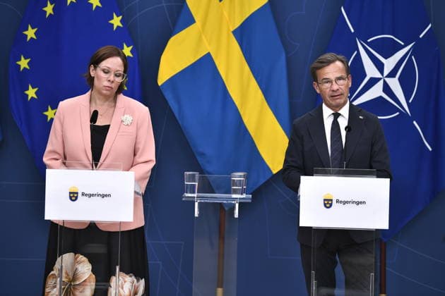 Schweden, Ulf Kristersson und Maria Malmer Stenergard Pressekonferenz in Stockholm