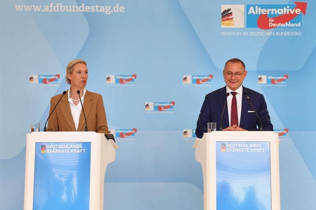 Deutschland, AfD Pressekonferenz mit Alice Weidel und Tino Chrupalla in Berlin