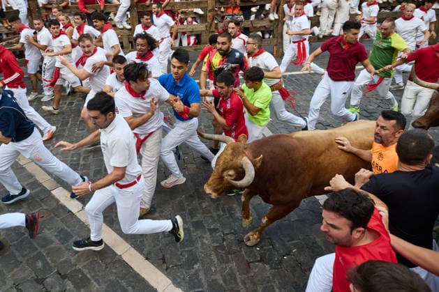 Spanien, Stierhatz im Rahmen des San Fermin Festivals in Pamplona