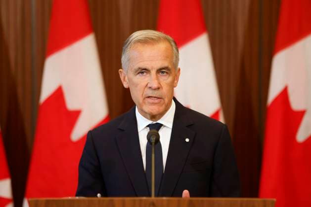 Kanada, Mark Carney bei Pressekonferenz zu neuen US-Zöllen auf dem Parliament Hill in Ottawa