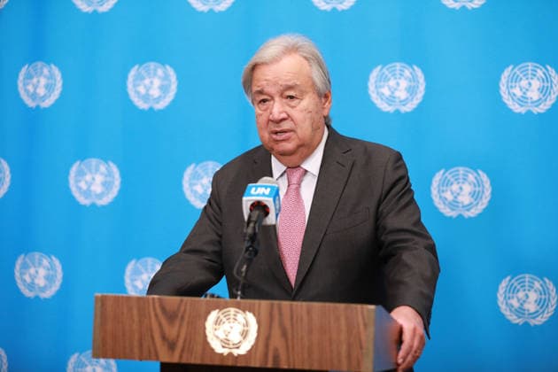 USA, UN-Generalsekretär António Guterres spricht bei Pressetermin am UN-Hauptquartier in New York