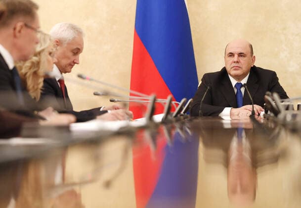 Coronavirus in Russland, Ministerpräsident Mischustin während einer Krisensitzung