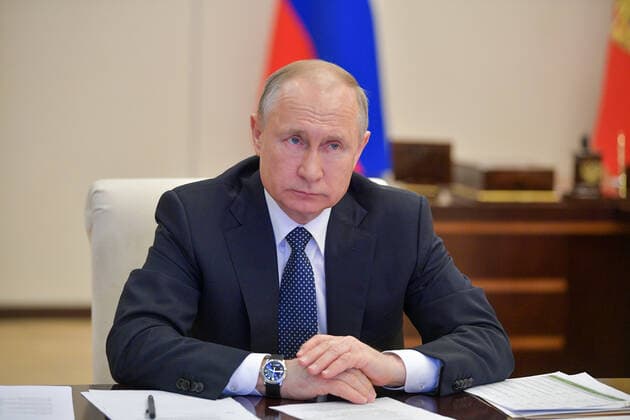 Coronavirus in Russland, Wladimir Putin während Videokonferenz in Moskau