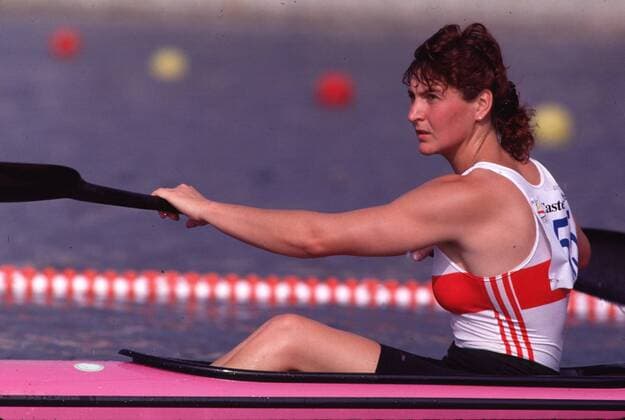 Birgit Fischer am Start - close Kanu OS Sommer Damen Olympische Sommerspiele 1992, Kanu, Kajak, Olympia, Nationalmannschaft, Einzelbild Barcelona