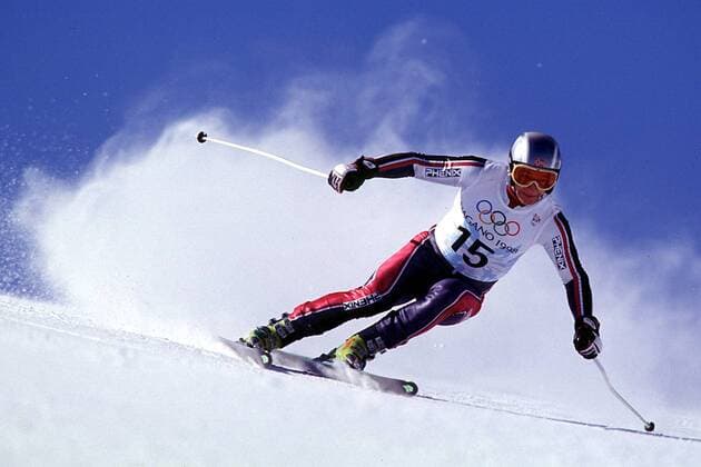 Kjetil Andre Aamodt aus Norwegen auf der Piste Alpiner Skilauf OS Winter Herren 1998, Winterspiele, Olympische Spiele, Olympia, Olympiade, Ski Alpin, Skisport, Abfahrt Einzelbild Happo One Nagano Dynamik,