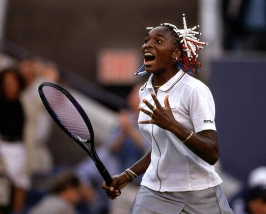 Die Amerikanerin Venus Williams schreit ihren Jubel heraus Tennis Damen US Open 1997, WTA-Tour, Grand Slam, Hartplatz, Hardcourt, Tennisturnier Einzelbild New York Freude, Begeisterung,