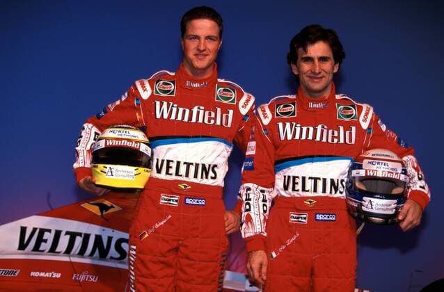 Ralf Schumacher (li., Deutschland) und Alex Zanardi (Italien) für Williams beim Fototermin Motorsport Grand Prix Herren Formel 1 Weltmeisterschaft 1999, WM, F1, F 1, Vorstellung, Präsentation Gruppe Barcelona