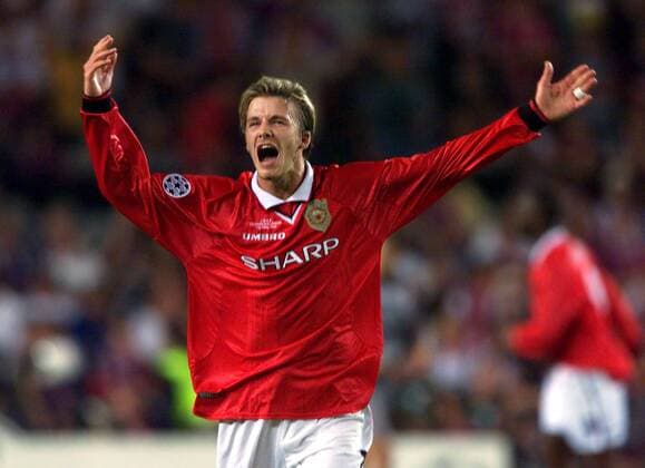 David Beckham (ManU) jubelnd Fußball EC 1 Herren Champions League 1998 1999, Finale, Endspiel, Manchester United (England) Einzelbild Stadion Nou Camp Barcelona Glück, Freude, Begeisterung,