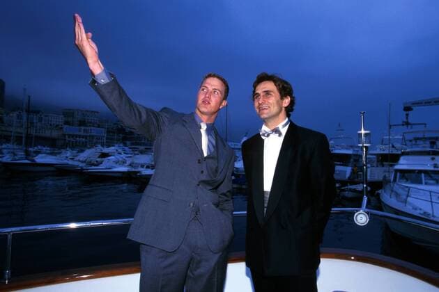 Ralf Schumacher (li., Deutschland, Williams) und Alessandro Zanardi (Italien) in Abendgarderobe auf einer Yacht Motorsport Grand Prix Herren Großer Preis von Monaco, Formel 1 Weltmeisterschaft 1999, F1, F, WM, GP, Gruppe Monte Carlo Begeisterung, Freude,