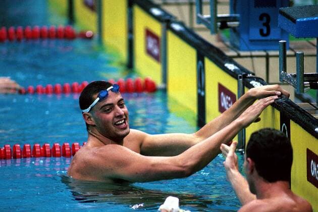 Matthew Biondi (li., USA) glücklich im Ziel Schwimmen OS Sommer Herren Olympische Sommerspiele 1988, Olympia, Olympiade, Spiele, Südkorea, Einzelbild Seoul Begeisterung, Freude,