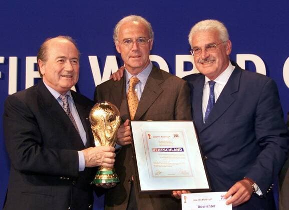 FIFA-Präsident Sepp Blatter (Schweiz, v.l.) überreicht die Ausrichterurkunde und den WM-Pokal an DFB-Koordinator Fedor Radmann und DFB-Vizepräsident Franz Beckenbauer Fußball Herren Weltfußballverband 2000, WM-Vergabe 2006, Weltmeisterschaftsvergabe, Ausrichtung, Ausrichter Gruppe Messe Zürich, FIFA Zürich, Bewerbung