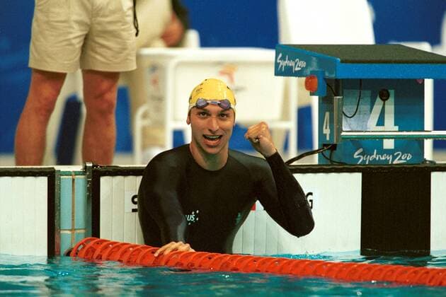 Ian Thorpe (Australien) von der australischen 4x100m Staffel jubelt Schwimmen OS Sommer Herren Olympische Sommerspiele 2000, Spiele, Olympia, Olympiade, Schwimmsport, 4 x 100 m Freistil Einzelbild Aquatic Centre Sydney Freude,