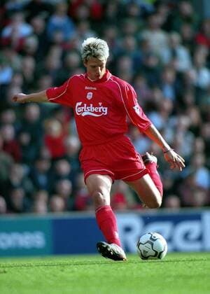 Christian Ziege (Liverpool) zieht ab Fußball Herren English Premier League 2000 2001, 1. Englische Liga, Meisterschaft, Liverpool FC, Vneg Einzelbild Anfield Road Liverpool Dynamik,  