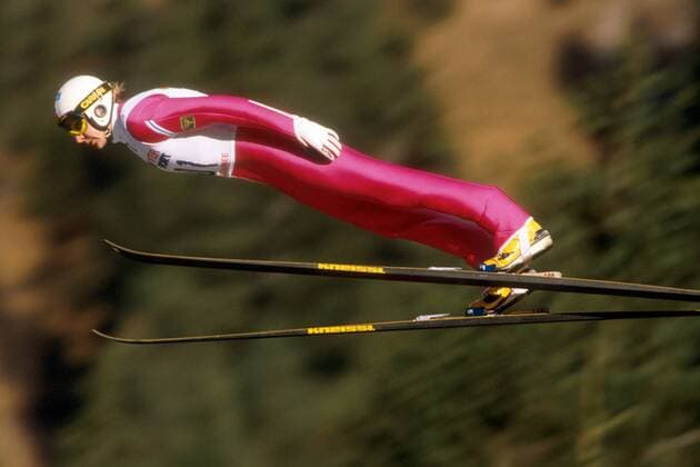 Matti Nykänen (Finnland) in der Luft Skispringen Herren Vierschanzentournee 1988, Vierschanzen-Tournee, 4-Schanzentournee, Vier-Schanzen, Ski Nordisch, Vdia Einzelbild Olympiaschanze Garmisch-Partenkirchen