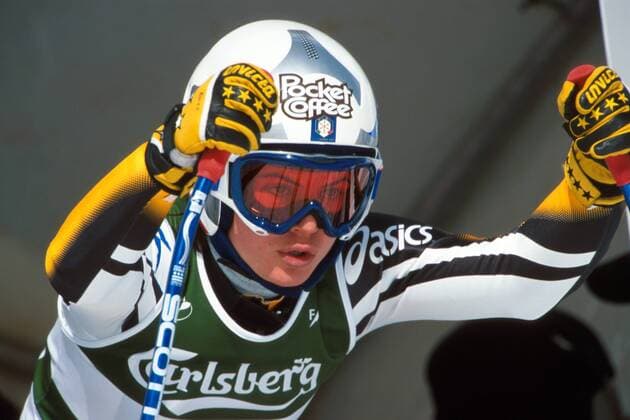 Karen Putzer (Italien) konzentriert am Start Alpiner Skilauf WM Damen Weltmeisterschaft 2001, Ski Alpin, Skisport, Super G Einzelbild Arlberg St. Anton Konzentration,