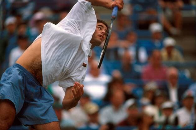 Pete Sampras (USA) - Aufschlag Tennis Herren US Open 1995, Grand Slam, ATP-Tour, Hartplatz, Hardcourt, Hartplatztennis, Hartplatzturnier Einzelbild Flushing Meadow New York Dynamik,