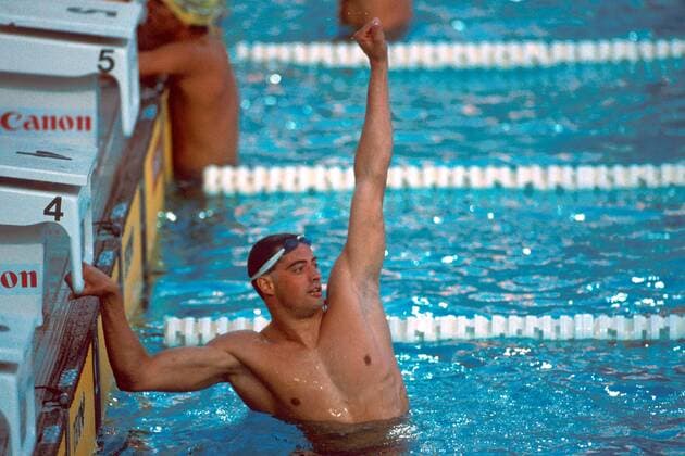 Weltmeister Matt Biondi (USA) jubelnd Schwimmen WM Herren Weltmeisterschaft 1991, Schwimmsport, 100m-Freistil, Freistilschwimmen, Kraul, Kraulschwimmen, 100 m Einzelbild Perth Freude,