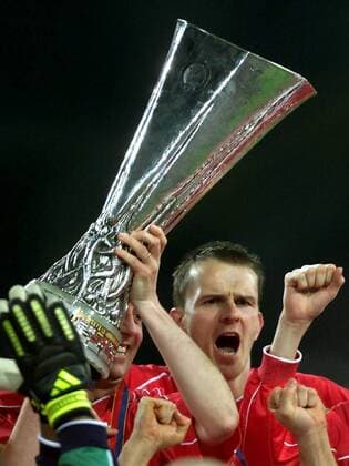 Dietmar Hamann (re.) jubelt mit McAllister (beide Liverpool) Fußball EC 3 Herren UEFA-Cup 2000 2001, Europapokal: FC Liverpool (England) Gruppe Westfalenstadion Dortmund Begeisterung,