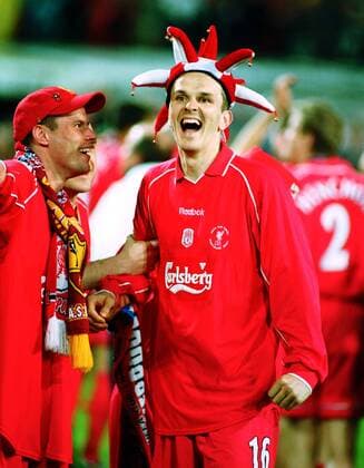 Dietmar Hamann (re.) und Jamie Carragher (beide Liverpool) - Schlußjubel Fußball EC 3 Herren UEFA-Cup 2000 2001, Pokal, Europapokal, Europacup, Liverpool FC (England), Vneg Gruppe Westfalenstadion Dortmund Begeisterung, Freude, Komik