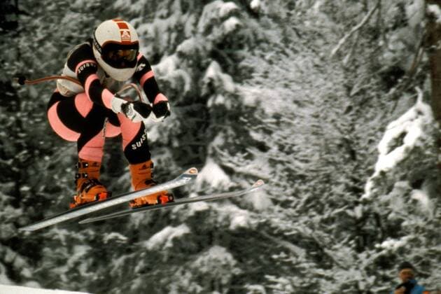 Michela Figini (Schweiz) Alpiner Skilauf OS Winter Damen Olympische Spiele 1984, Olympia, Olympiade, Winterspiele, Ski-Alpin, Skisport Einzelbild Bjelasnica Sarajevo Dynamik, Höhe