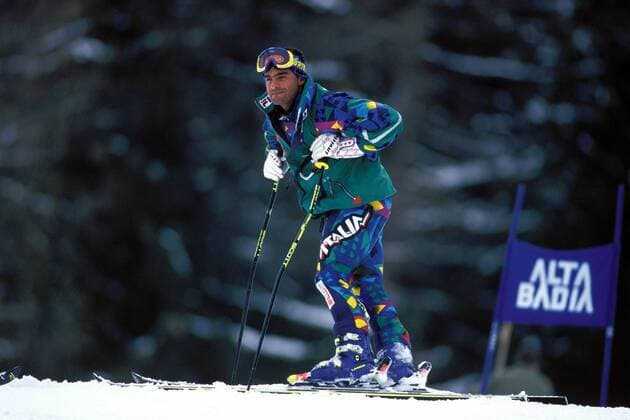 Alberto Tomba (Italien) bei der Streckenbesichtigung Alpiner Skilauf Herren Weltcup 1995 1996, Welt-Cup, Worldcup, World, WC, Ski Alpin, Skisport, Riesenslalom Einzelbild Alta Badia