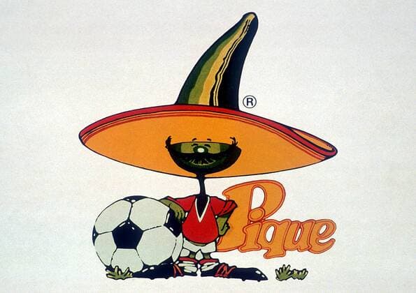 Pique - Das Maskottchen der Weltmeisterschaft 1986 Fußball WM Herren Glücksbringer 1986, Figur, Talisman, Sombrero, Kopfbedeckung, Kaktus, Plakat, Werbeplakat, Poster Einzelbild