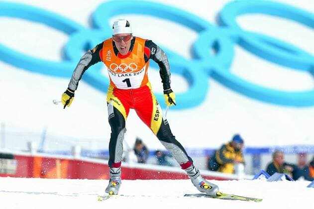 Johann Mühlegg (Spanien) Nordischer Skilauf OS Winter Herren Olympische Winterspiele 2002, Olympia, Olympiade, Spiele, Skilanglauf, Langlauf, Ski Nordisch, Einzelbild Soldier Hollow Salt Lake City Utah Anstrengung, Dynamik