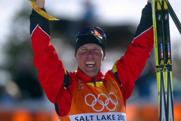 Johann Mühlegg (Spanien) Nordischer Skilauf OS Winter Herren Olympische Spiele 2002, Winterspiele, Olympia, Olympiade, Ski Nordisch, Nordischer Skisport, Vdig Einzelbild Soldier Hollow Salt Lake City Utah Freude, Begeisterung,