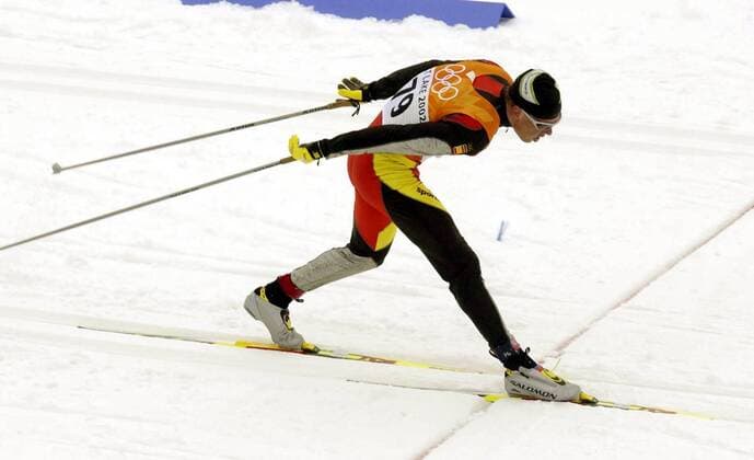 Johann Mühlegg (Spanien) - Zieleinlauf Nordischer Skilauf OS Winter Herren Olympische Winterspiele 2002, Olympia, Olympiade, Spiele, Ski nordisch, Vdig, Einzelbild Soldier Hollow Salt Lake City Utah Dynamik,