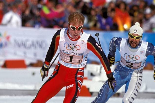 Björn Dählie (Norwegen) vor Fabio Maj (Italien) Nordischer Skilauf OS Winter Herren Olympische Winterspiele 1998, Olympia, Olympiade, Spiele, Ski Nordisch, nordischer Skisport Gruppe Snow Harp Nagano, Hakuba
