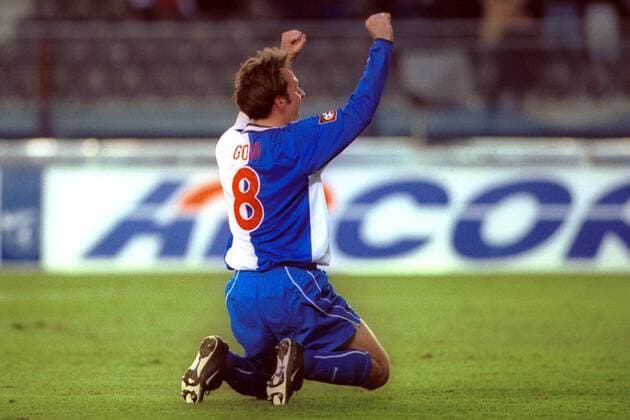 Bart Goor (Hertha) jubelt Fußball 1. BL Herren Saison 2001 2002, Hertha BSC Berlin, Vneg Einzelbild Olympiastadion Berlin Freude,