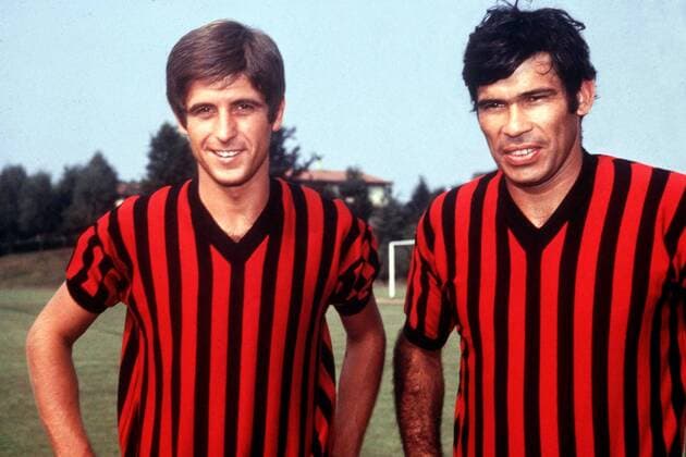 Gianni Rivera (li.) und Nestor Combin (beide Milan) Fußball Herren Serie A 1969 1970, 1. Italienische Liga, AC Mailand, Training Gruppe Milanello