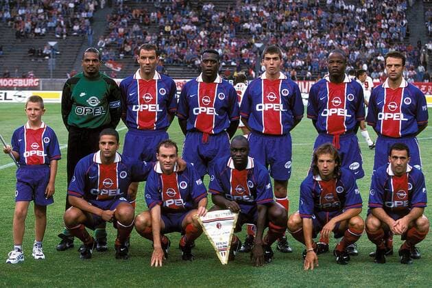 Mannschaftsbild Paris Saint-Germain, hinten v. li.: Bernard Lama, Paul Le Guen, Bruno Ngotty, Jerome Leroy, Julio Cesar Dely Valdes, Laurent Fournier; vorn: Daniel Kenedy, Vincent Guerin, Patrick Mboma, Benoit Cauet, Jimmy Algerino Fußball Herren Opel Masters 1996 (1997), Division 1, 1. Französische Liga, PSG, St.Germain Totale Olympiastadion Berlin