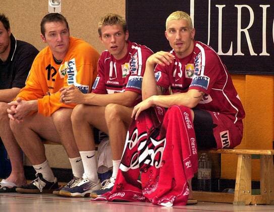 V. re.: Stefan Kretzschmar, Christian Sprenger und Ersatztorwart Martin Ziemer Handball 1. BL Herren SchleckerCup 2002, SC Gladiators Magdeburg, Vdig Gruppe Längenfeldhalle Ehingen