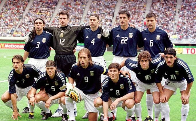 Mannschaftsbild Argentinien hinten li.: Juan Pablo Sorin, Torwart Pablo Cavallero, Mauricio Pochettino, Jose Chamot, Walter Samuel; vorn: Claudio Lopez, Matias Almeyda, Gabriel Omar Batistuta, Javier Zanetti, Pablo Aimar und Ariel Ortega Fußball WM Herren Weltmeisterschaft 2002, Länderspiel, Gruppenspiel, Gruppe F, Nationalmannschaft, Nationalteam, Vneg Totale Miyagi