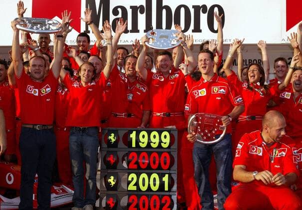 Ferrari-Crew mit Michael Schumacher (Deutschland), Rubens Barrichello (Brasilien), Technikdirektor Ross Brawn (England) und Teamchef Jean Todt (Frankreich) feiert den vorzeitigen WM-Sieg und die Konstrukteurswertung Motorsport Grand Prix Herren Großer Preis von Ungarn 2002, Formel 1 Weltmeisterschaft, F1, F, GP, WM, Vdig Totale Hungaroring Budapest Begeisterung, Freude,