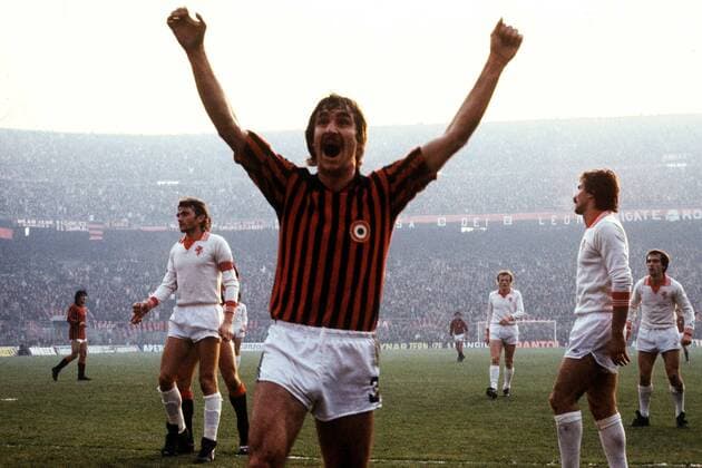 Aldo Maldera (Milan, vorn) - Torjubel Fußball Herren Serie A 1977 1978, 1. Italienische Liga, AC Mailand - FC Genua 2:2 Gruppe Mailand Freude,