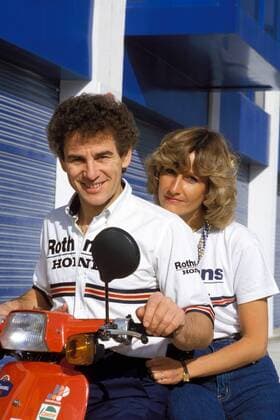 Toni Mang (Deutschland) mit Frau Colette Motorsport WM Herren Weltmeisterschaft 1987, Motorrad, Motorradrennen, Motorradrennsport, Motorradsport Gruppe Jerez