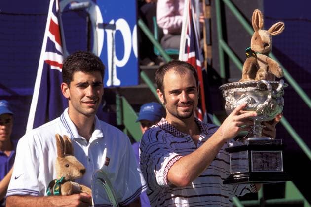 Sieger Andre Agassi (re.) und Pete Sampras (beide USA) Tennis Herren Australian Open 1995, ATP-Tour, Grand Slam Gruppe Melbourne