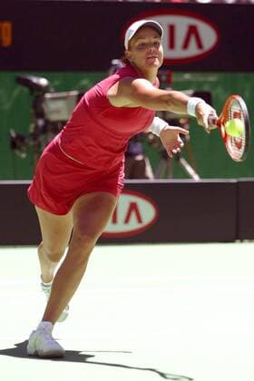 Lindsay Davenport (USA) - Rückhand Tennis Damen Australian Open 2003, Grand Slam, WTA-Tour, Hartplatz, Hardcourt, Hartplatztennis, Hartplatzturnier Einzelbild Melbourne Dynamik,