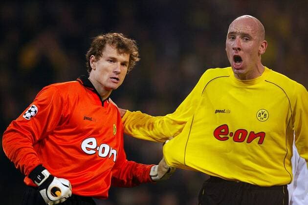 Jan Koller (re.) und Torwart Jens Lehmann (beide BVB) Fußball EC 1 Herren Champions League 2002 2003, Borussia Dortmund, Gruppe Westfalenstadion Dortmund