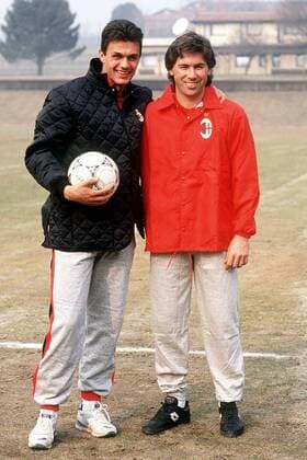 Paolo Maldini (li.) und Carlo Ancelotti (beide Milan) Fußball Herren Serie A 1991 1992, 1. Italienische Liga, Training, AC Mailand Gruppe Mailand