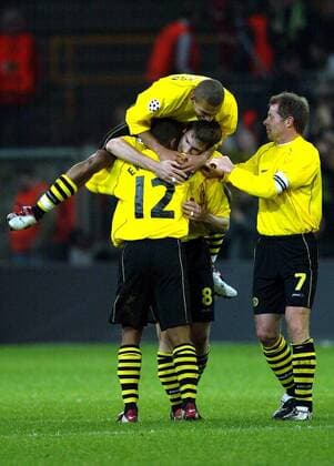 Torjubel BVB - v. re.: Stefan Reuter, Torsten Frings, Marcio Amoroso, Ewerthon Fußball EC 1 Herren Champions League 2002 2003, Borussia Dortmund, Gruppe Dortmund Freude, Begeisterung,