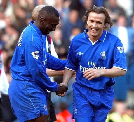 Boudewijn Zenden (re.) und Jimmy Floyd Hasselbaink (beide Chelsea) - Torjubel Fußball Herren English Premier League 2002 2003, 1. Englische Liga, FC Chelsea London, Vdig Gruppe Jerrel, London Freude,