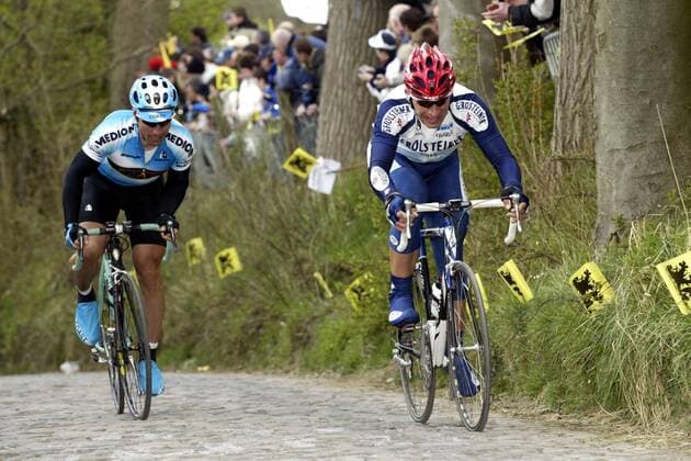 Michael Rich (re., Team Gerolsteiner) vor Thomas Liese (beide Deutschland Team Coast) Radsport Herren 87. Flandernrundfahrt 2003, Radrennsport, Straßenradsport, Straßenradrennsport, Radrennen, Vdig Gruppe Brügge - Meerbeke Flandern-Rundfahrt